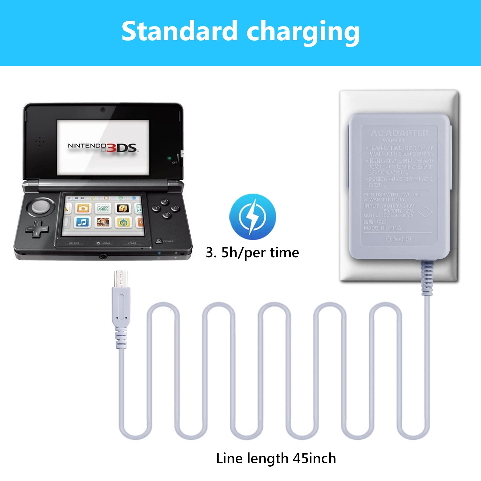 3DS Charger, AC Adapter Compatible With Nintendo 3DS/DSi/DSi XL/2DS/2DS XL/New 3DS XL - 100-240V Home Wall Plug