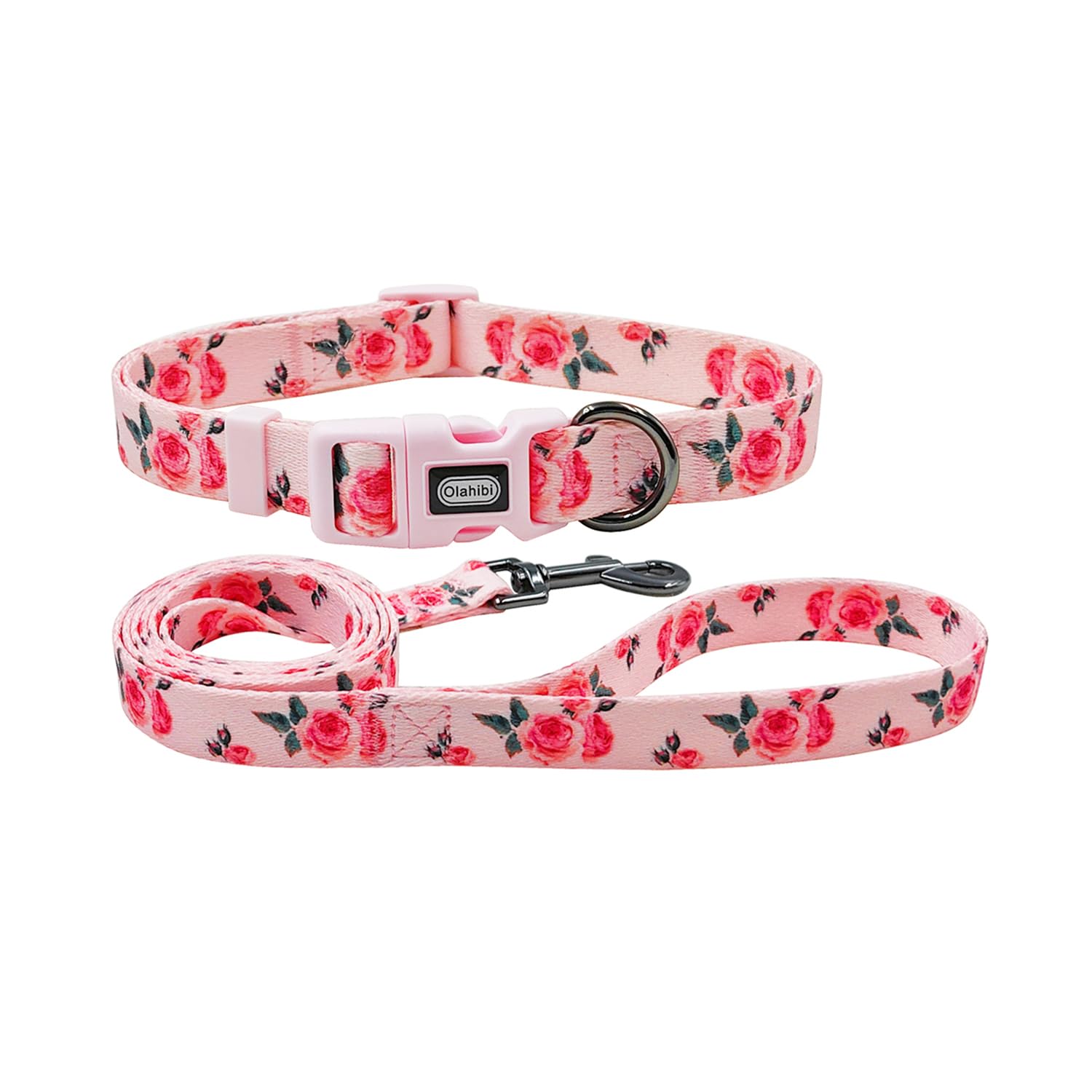 Olahibi Dog Collar and Leash Set, Cute Rose Pattern, Polyester Material, 5ft Leash, for Puppy Dogs.(XS,Pink Rose)