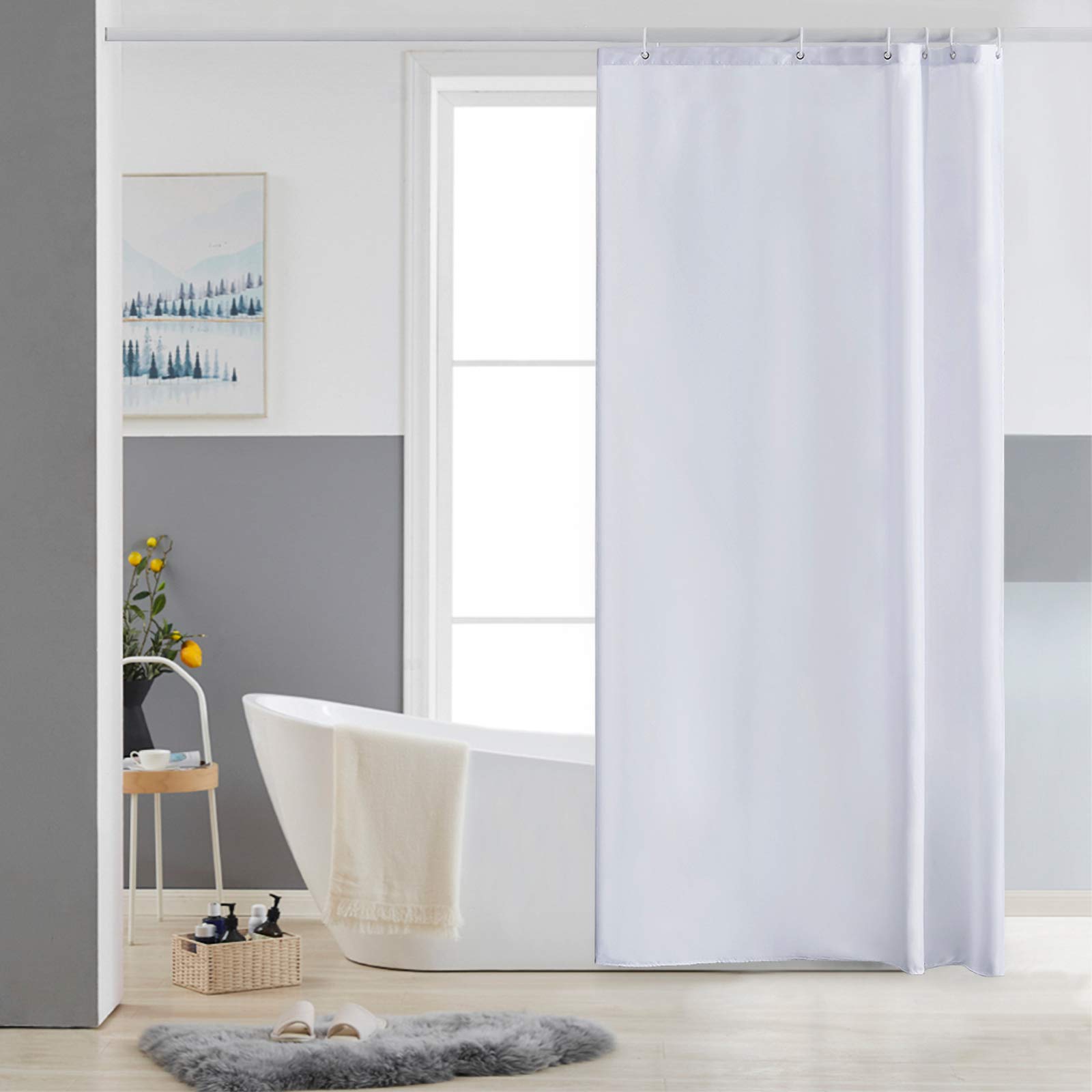Furlinic Shower Curtain Mould Proof Resistantand Waterproof Washable Polyester Fabric White Bath Curtains with Weight Tape 6 Hooks for Wetroom 33x72 Inch.