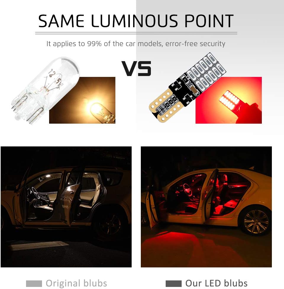 Yifengshun 4Pcs T10 W5W 501 LED Bulbs Red Canbus Wedge 168 194 LED Side Lights Super Bright 5W 24-SMD 4014 Chips for Car Side Light Bulbs Number Plates Dashboard Bulb 12V - Image 5