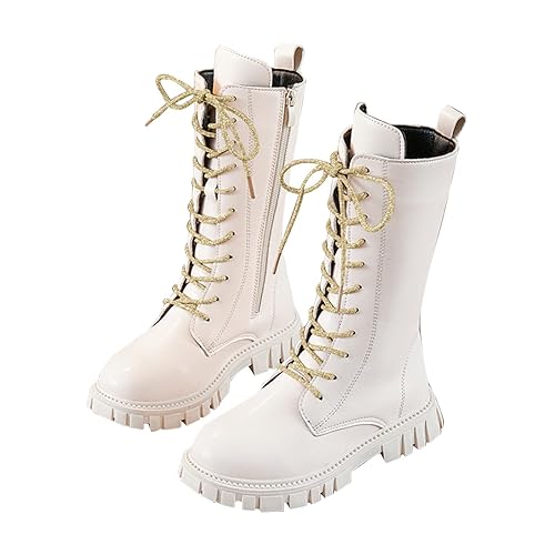 Girls Lace Up Riding Boots Mid Calf Combat Boots Non Slip PU Leather Waterproof Side Zipper Punk Goth Boot Fall Winter Fashion Punk Cowgirl Fleece Lined Solid Color 4-11 Years Gold 12.5
