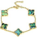 Enforgio 18K Gold Plated Abalone Shell Clover Bracelet, 8.6 Inch Chain with 2 Inch Extender, Adjustable Dainty Link Charm Bracelet