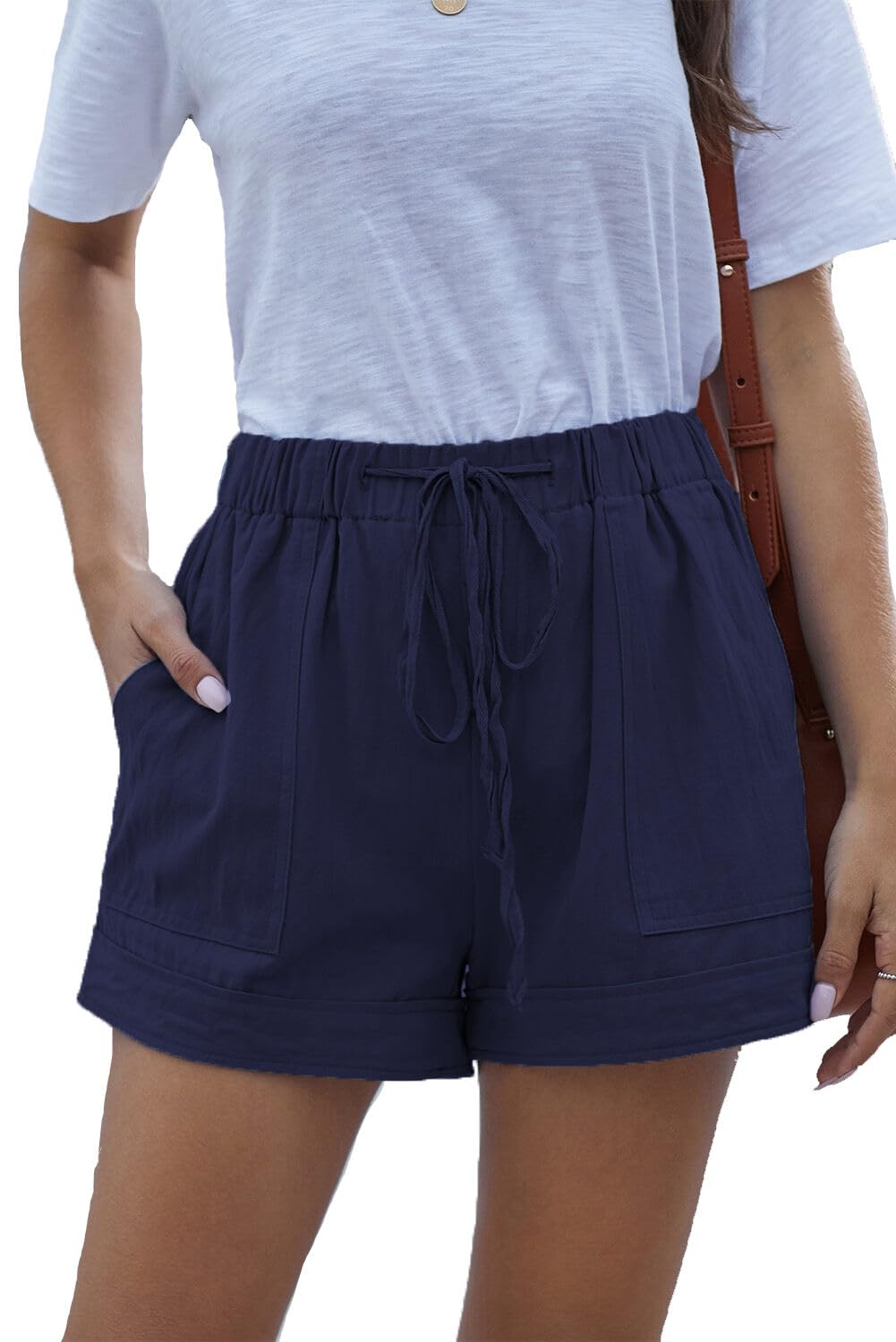 Photo 1 of YOCUR Women Running Shorts Cotton Linen Tie Waist Baggy Pleating Casual Beach Outdoor Recreation Hot Pants Dusty Dark Blue M