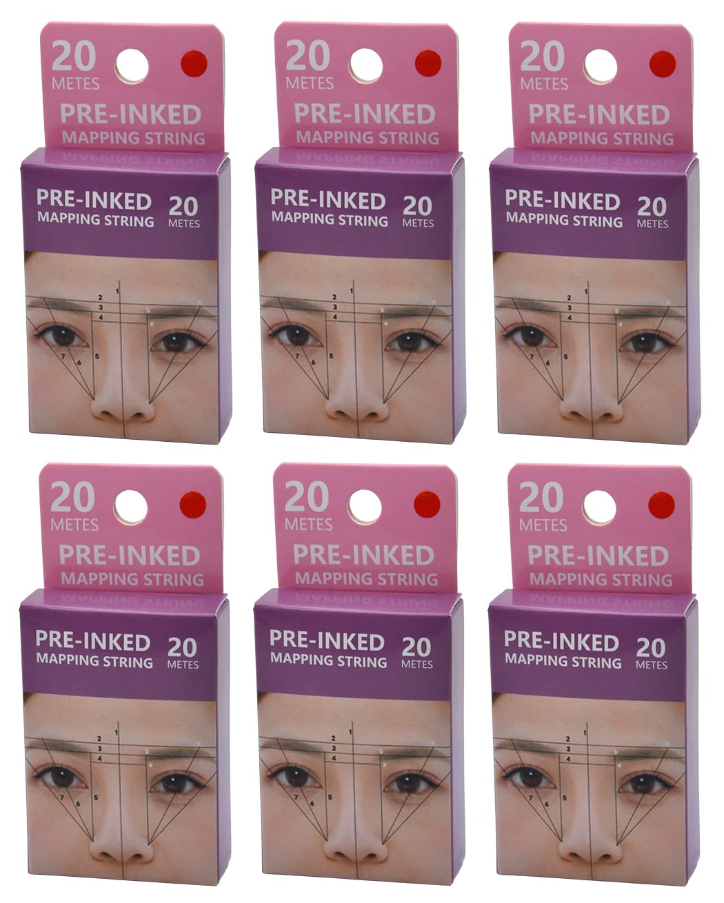 XIAOYU 20M Pre-Inked Mapping String, Eyebrow Mapping Thread, Measuring Tool for Marking Symmetrical Eyebrows, Pack of 6, Red Ink