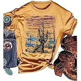 Women Western Desert Cactus T-Shirt Vintage Retro Sunset Cactus Graphic Shirt Cowgirl Casual Blouse Tops Tees
