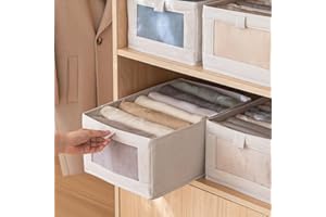 4 Pack Foldable Clothes Storage Bins, Linen Closet Organizer with Handles & Window, Storage Baskets for Organizing Clothes Bo