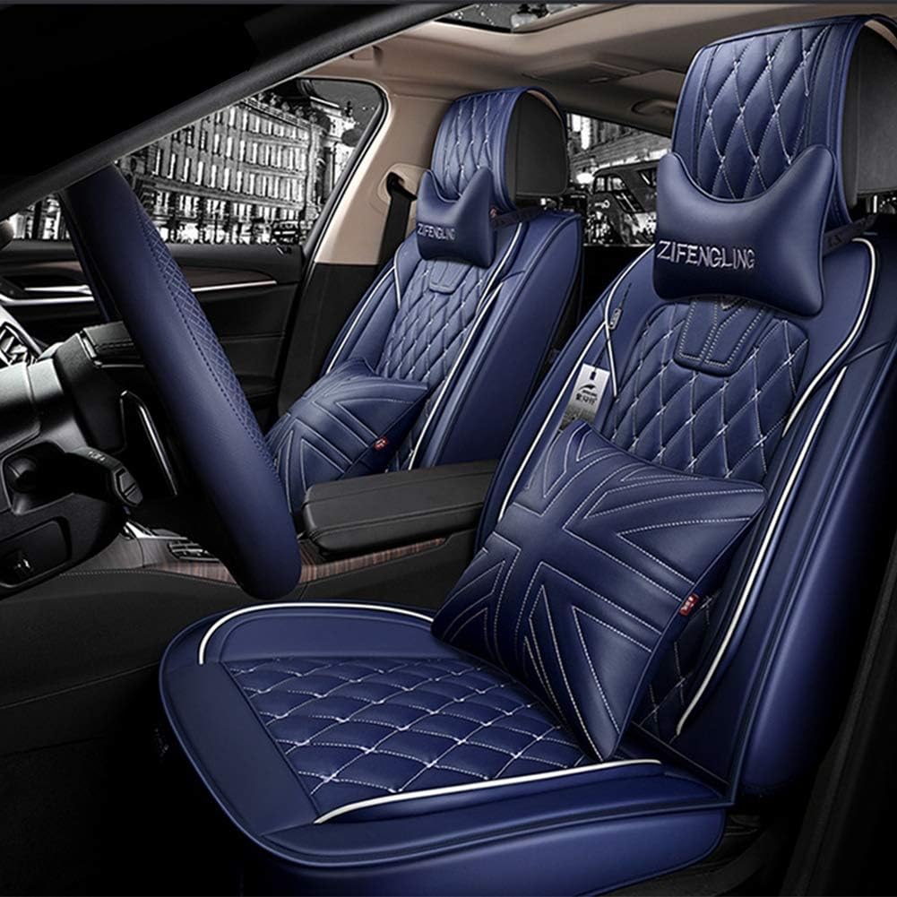 Four Season Leather Seat Cover, Luxurious Waterproof Summer Seat Cover for Most Five-Seater Cars, with Headrest Lumbar Pillow,Blue
