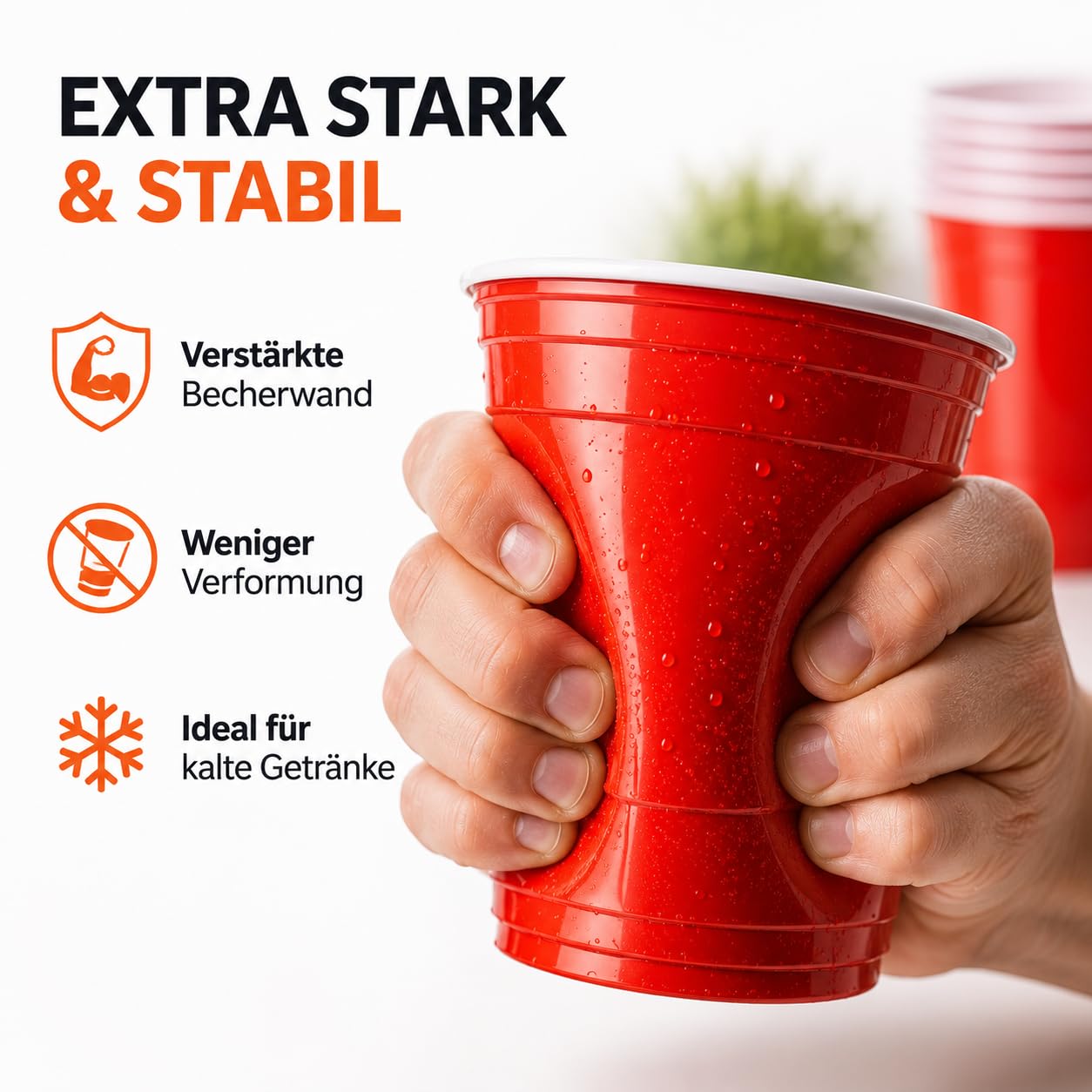 TK Gruppe Timo Klingler Beer Pong Becher 50 Stück wiederverwendbar – Partybecher 473 ml / 16 oz Bierpong, extra starke Red Cups, rote Plastikbecher für Camping,Partys, JGA, Festivals 7