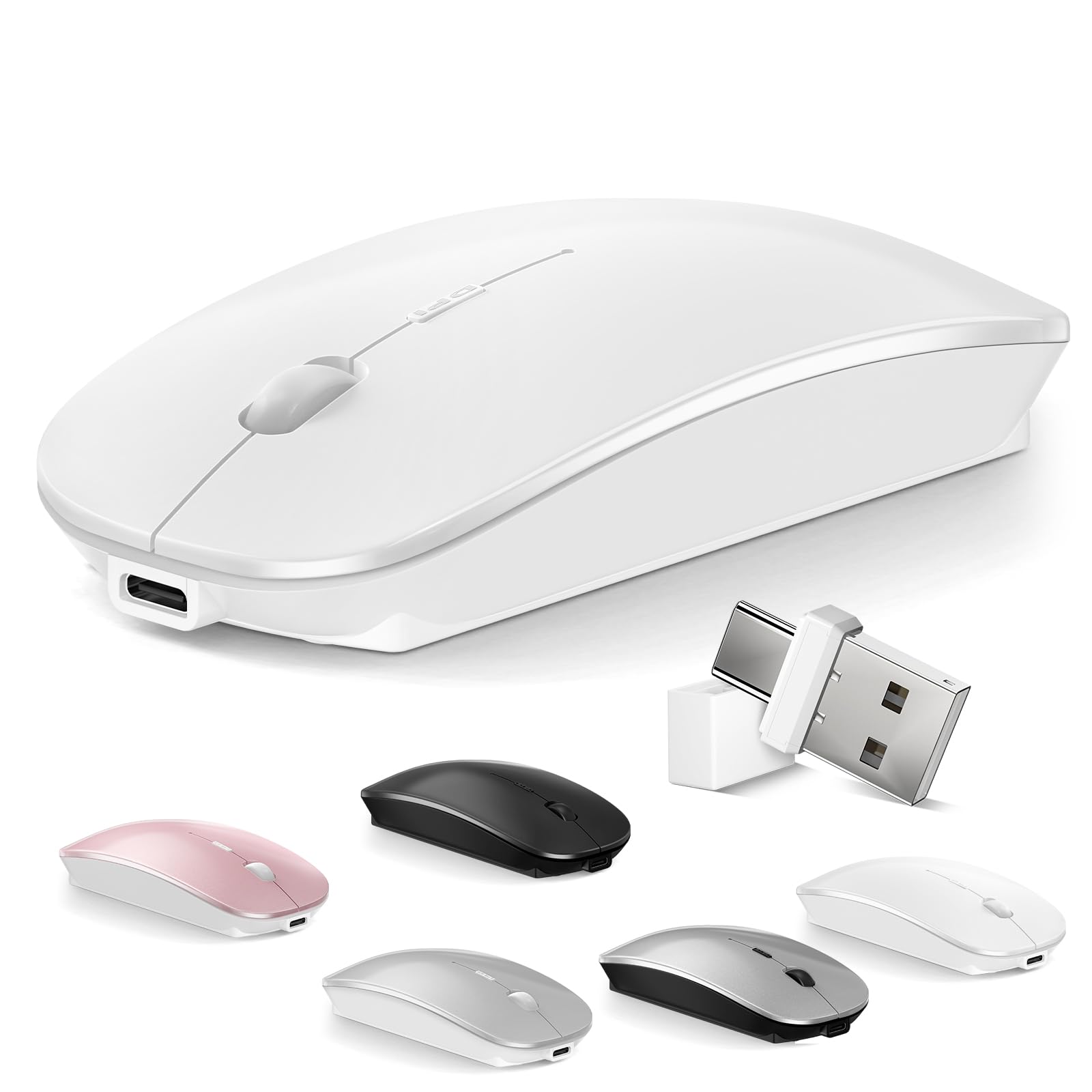 Photo 1 of Normdecos Mouse for MacBook Wireless Bluetooth Mouse Laptop MacBook Air Mac Pro Rechargeable Silent PC iPad Optical Mice with Dual Mode Switch Bluetooth 5.2/3.0 and 2.4GHz USB Type-C Receiver White