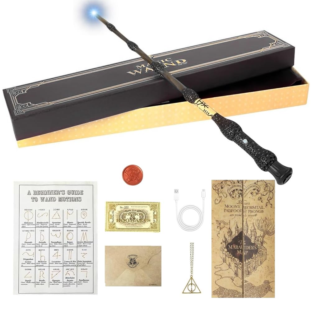 RNPKZ Magic Wand, 38 cm Dumbledore Light Up Wand, Magic Wands in Gift Box with Spell Card, Station Ticket & Necklace Bracelet,Dumbledore Magice Wands in Gift Box Suitable for Halloween Costume Parties