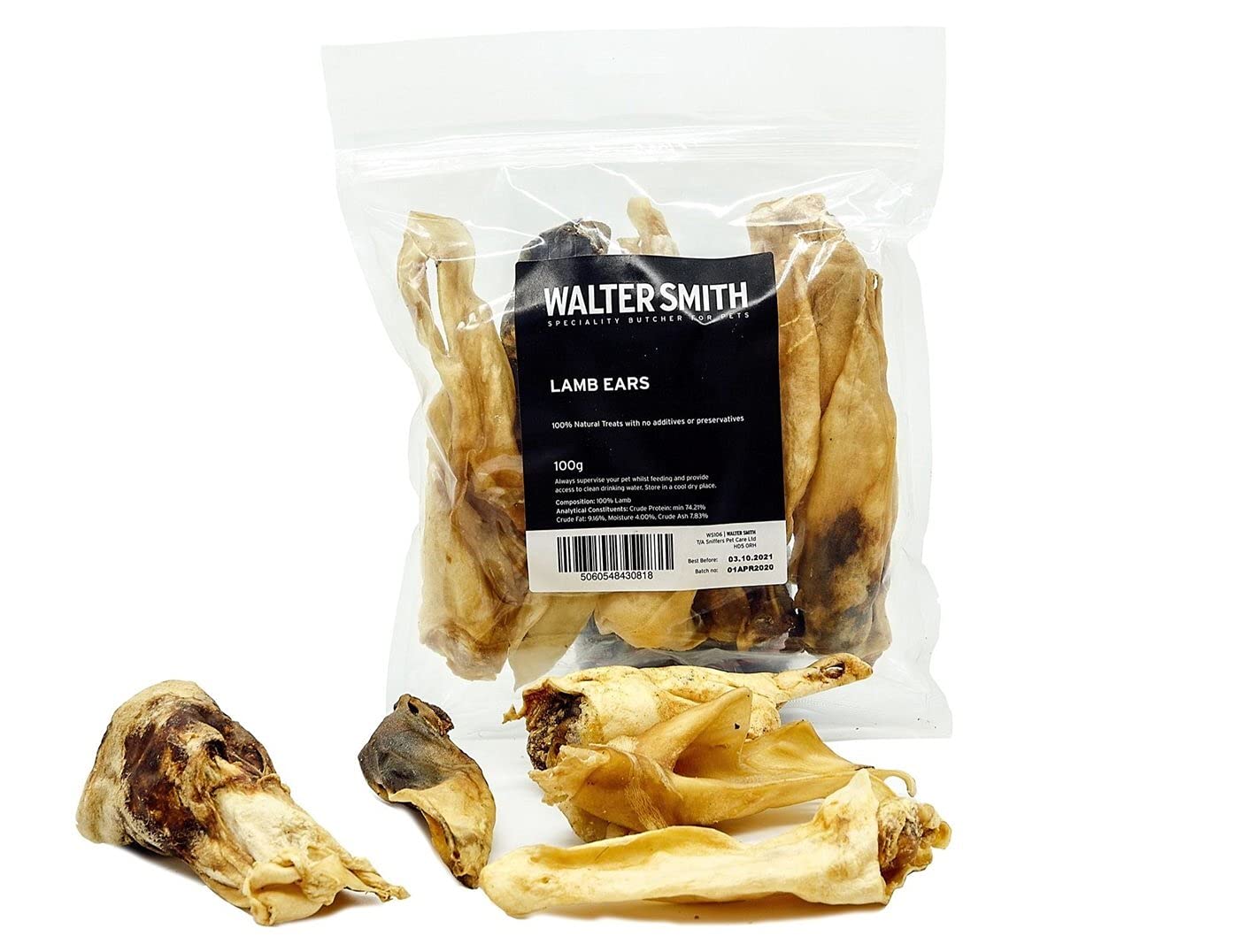 Walter Smith Natural Lamb Ears 100g – 100% Natural Dog Treat – No Artificial Colours or Preservatives – Natural Dog Chew