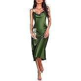 Ekouaer Womens Satin Nightgown Sexy Lingerie Sleepwear Spaghetti Strap Cowl Neck Elegant Long Slip Satin Silk Midi Dress