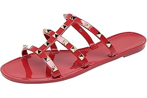 OMGard Women Flats Sandals, Studded Jelly Shoes Size 9 Red Dressy Summer Beach Rivets Strappy Jellies Slide Slip On Open Toes