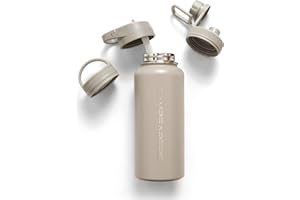 Gymreapers Insulated Water Bottle - Stainless Steel 32 Oz, 3 lids (Straw, Chug, Canteen), Double Walled Vacuum Insulation, Th