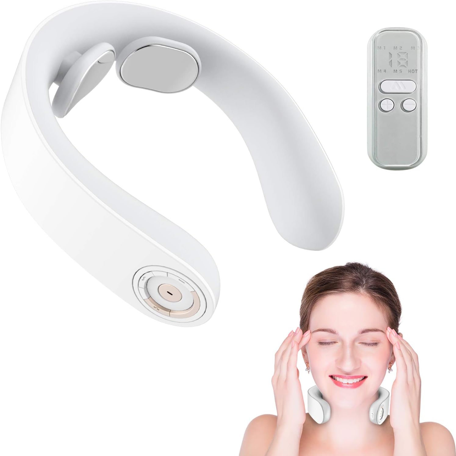 Neck Massager,realink Heat Smart Cordless Neck Massage with 5 Modes and 15 Speeds,Relax in Office, Home,Travel, Gift,White