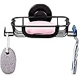 TAILI Soap Holder Dish Suction Cup with Hooks, Soap Saver Tray for Shower Wall, Bathroom, Tub, Rustproof Stainless Steel Sponge Holder for Kitchen, Drill-Free, Bathroom Shower Accessories(Black)