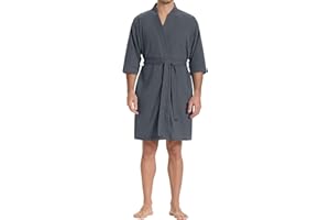 SIORO Mens Waffle Knit Lightweight Robe, Short Bathrobe with Pockets & 3/4 Sleeves, Kimono Loungewear for Summer & Spa