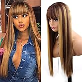 Amarlis Blonde Highlight Wigs for Women, Blonde Mix Brown Wig with Bangs Silky Soft Fiber Synthetic Wig for Daily Party Use(24 Inch)