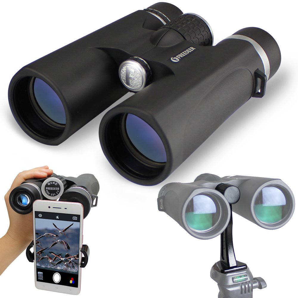 Fernglas für Erwachsene,FREEDEER,10 x 42， wasserdicht / beschlagfrei, BAK4 Prisma & FMC-Objektiv,mit Telefon-Adapter & Stativ-Adapter Fernglas für im Freien,Vogelbeobachtung, Reisen, Stargazing, Jagd, Konzerte, Sport (schwarz)