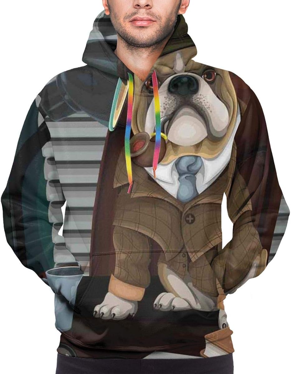 Men's Hoodies Sweatershirt,Traditional English Detective Dog with A Pipe and Hat Sherlock Holmes Image,