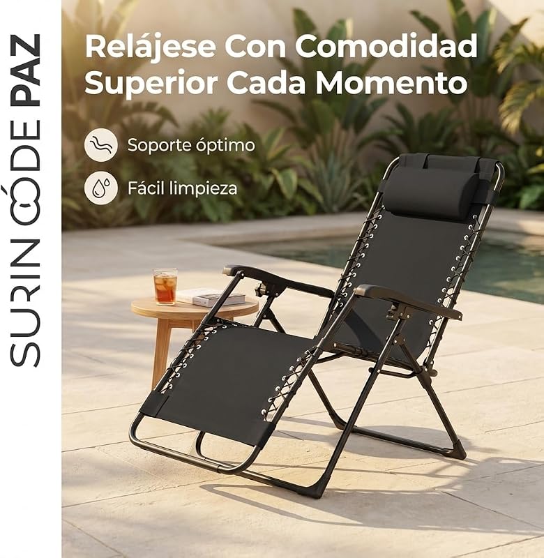 Espreguiçadeira Exterior Dobrável | Apoio para os Pés & Almofada Ajustável | Bandeja lateral de cadeira reclinável para bebidas, telemóvel e livros | para terraço, campismo, praia, piscina (preto) — foto 6 de 6