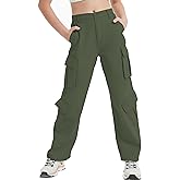 EXARUS Girls Jeans Cargo Wide Leg Baggy Denim Straight Loose Pants Tween Elastic High Waistband Pockets Youth Clothes