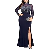 ZOMVA Plus Size Sparkly Split Maxi Dress Sexy Sheer Mesh Long Sleeve Mock Neck Mermaid Evening Gown Cocktail Club Formal