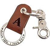 Custom Engraved Leather Keychain, Personalized Initial Key Ring for Him, Stainless Steel Couple Gift for Men & Women