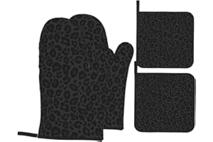 Perinsto Black Leopard Oven Mitts & Pot Holders 4 Pcs Set, Cheetah Decorative Heat Resistant Cooking Gloves Microwave Oven Gl