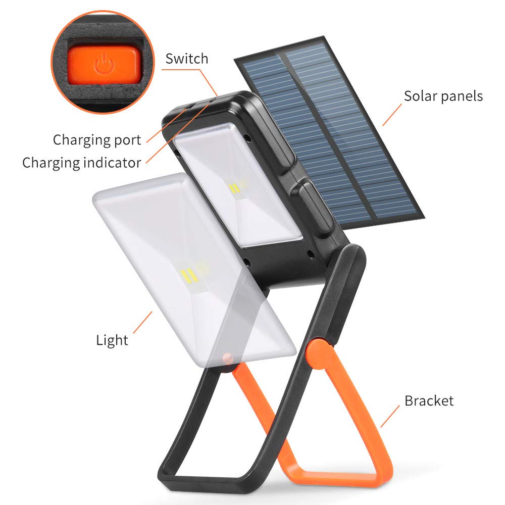 Neporal Portable LED Work Light Solar and USB Rechargeable with 2 Brightness Modes 360°Adjustable Flashlight Solar Camping Lights 550mAh 50lm Rechargeable Night Light for Household Camping Hiking Car