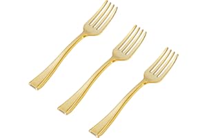 N9R 200PCS Gold Plastic Mini Forks, 4 Inches – Heavy Duty Disposable Cocktail, Dessert & Appetizer Forks, Elegant Party Serving Utensils for Tastings, Finger Foods, Weddings, Events