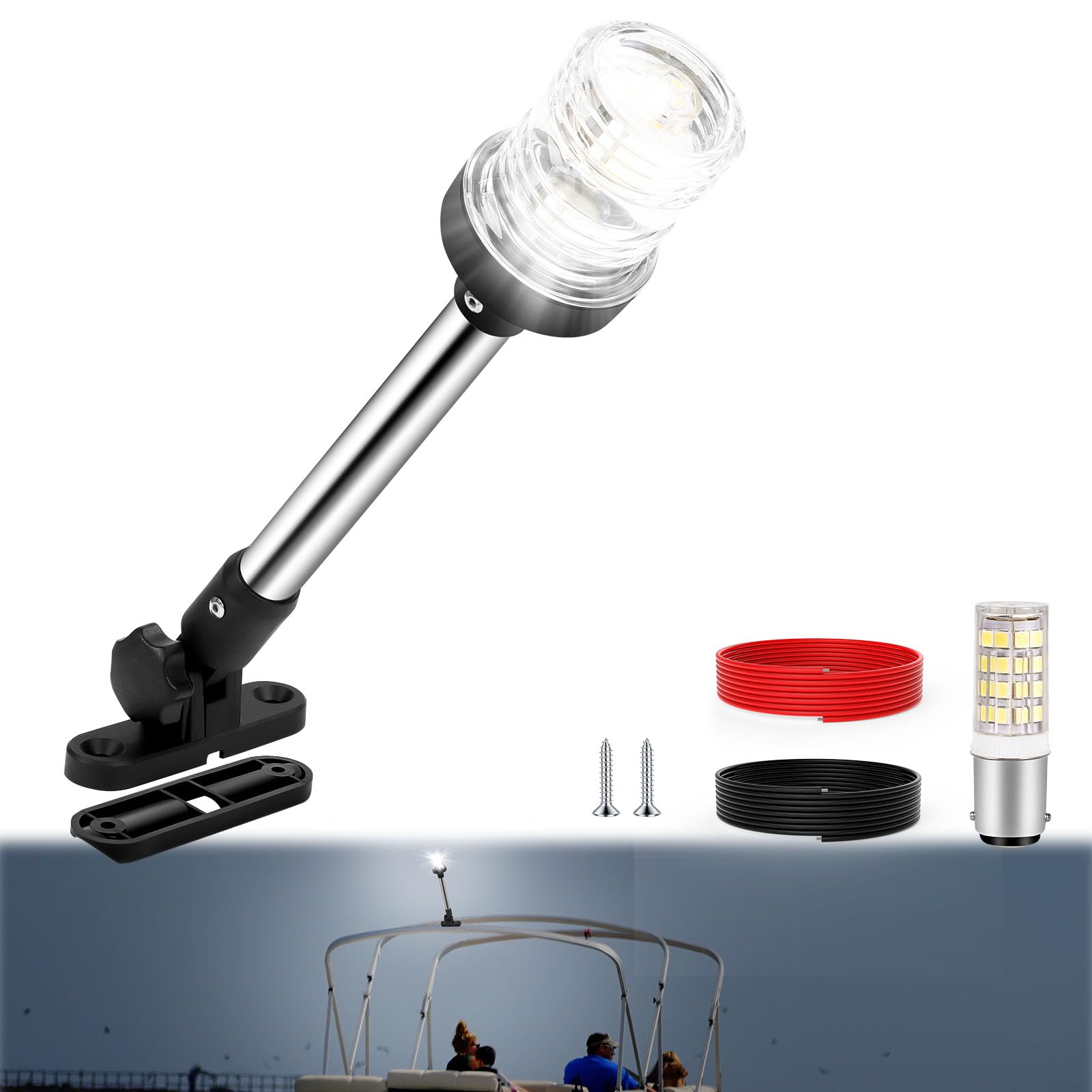 Photo 1 of SETYPARY 12 Inch Stern Light Bimini Top Anchor Light, LED Pontoon Navigation Lights Waterproof IP67, 3 NM Visibility White Fold Down Rear Boat Lights for Jon Boat, Small Boats, Fishing Boats (12~24V)