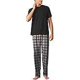 BEAUDRM Men's 2 Piece Pajama Set Crew Neck Short Sleeve T Shirt and Plaid Pants Loungewear