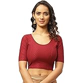 Fressia Fabrics Round Neck Pure Dobby Cotton Stretchable Elbow Sleeve Readymade Saree Blouse for Women Stylish (208_lightmaroon_3XL)