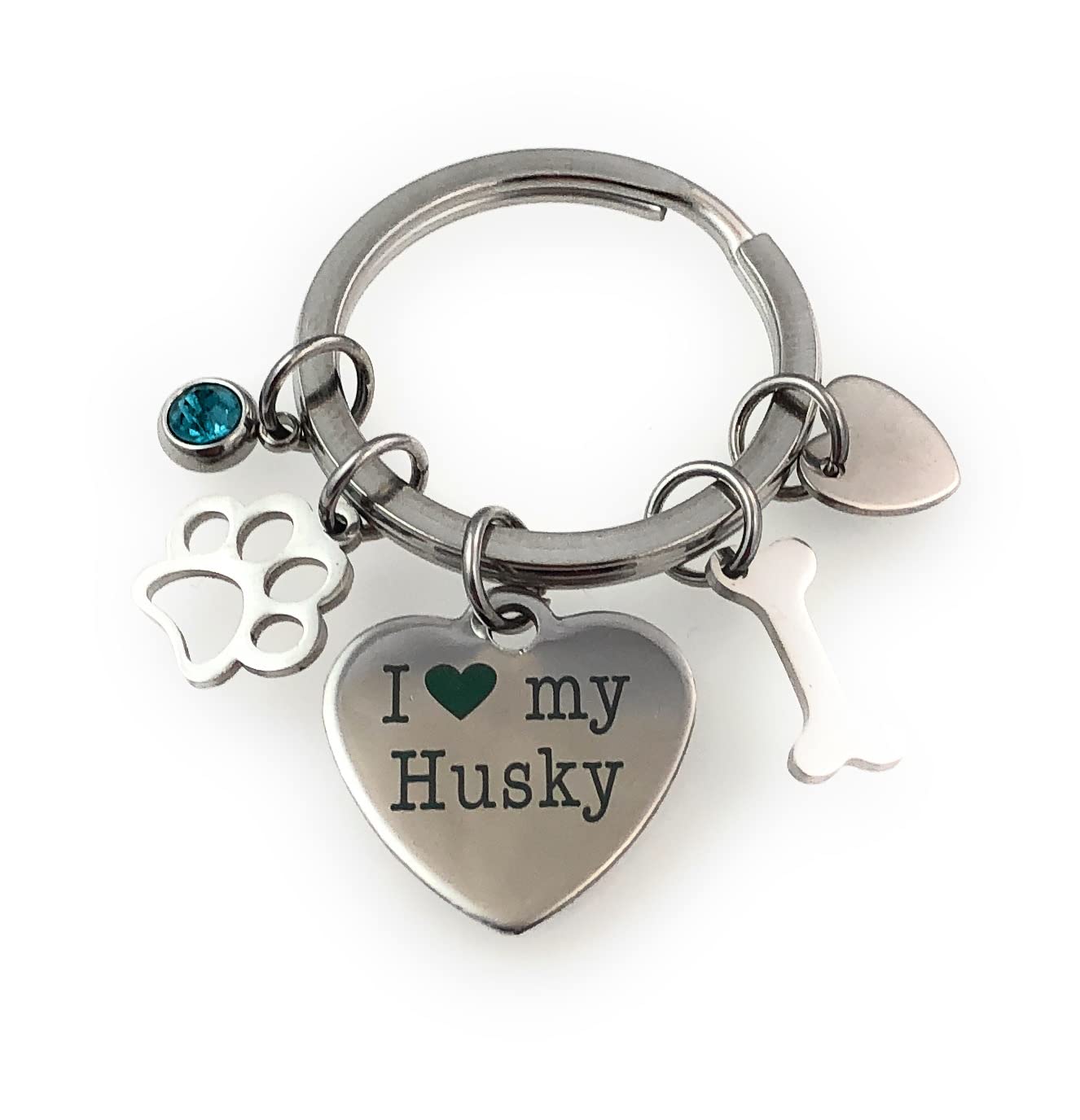FizzyButton Gifts I Love My Husky Puppy Dog Keyring Key Ring with Turquoise Rhinestone and Stainless Steel Bone, Paw and Heart Charms