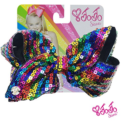 JoJo Siwa Signature Collection Hair Bow with Square Sparkle Sequins - Rainbow - Sticker Patch Set Included