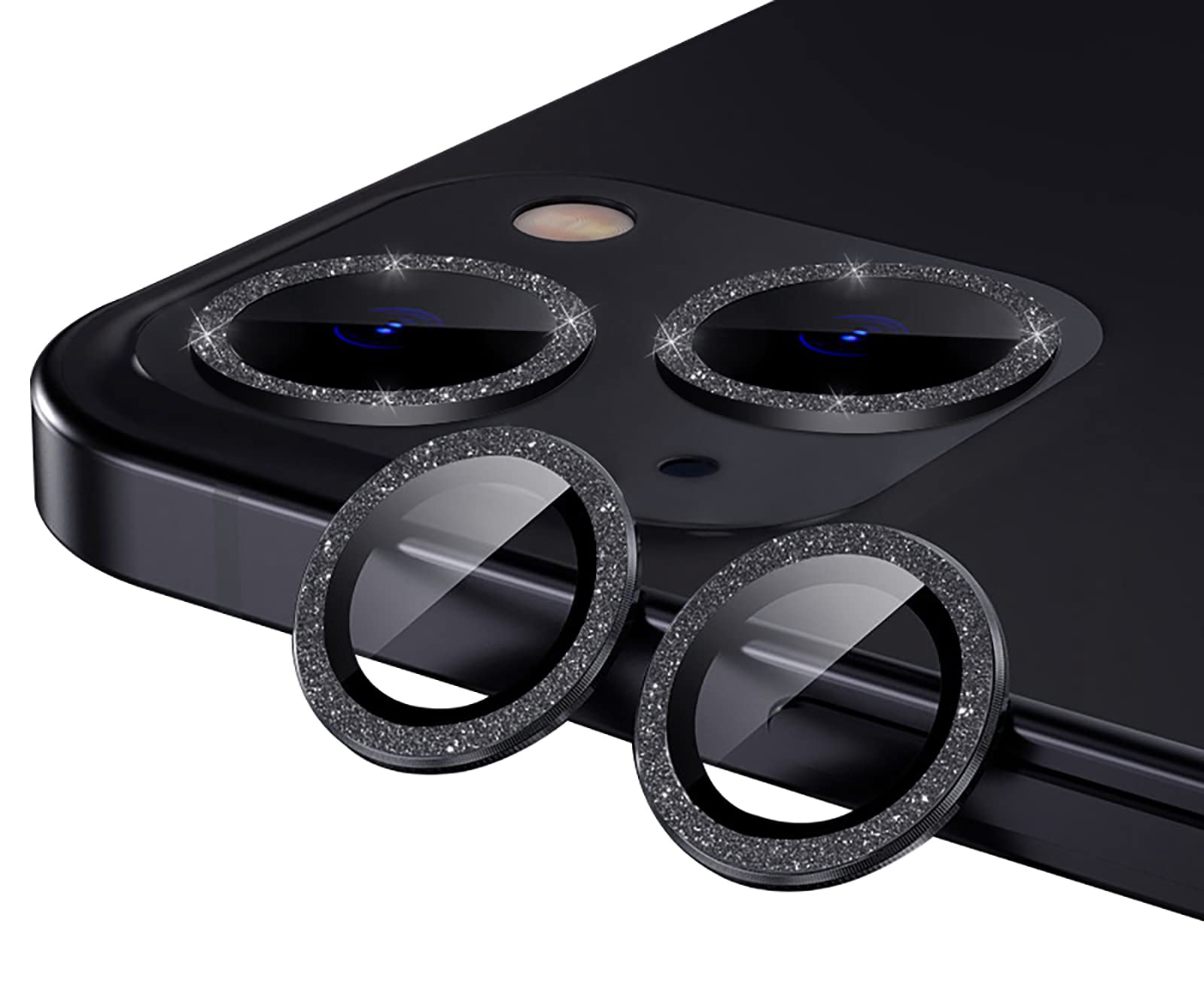 GIOPUEY Camera Protector for iPhone 13, Shining diamond powder, bling Camera Protection Ring, 9H HD tempered glass, iPhone 13 mini Camera Lens Protector - Black — image 1