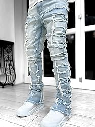 Kodaruber Mens Stacked Jeans Slim Fit Ripped Skinny