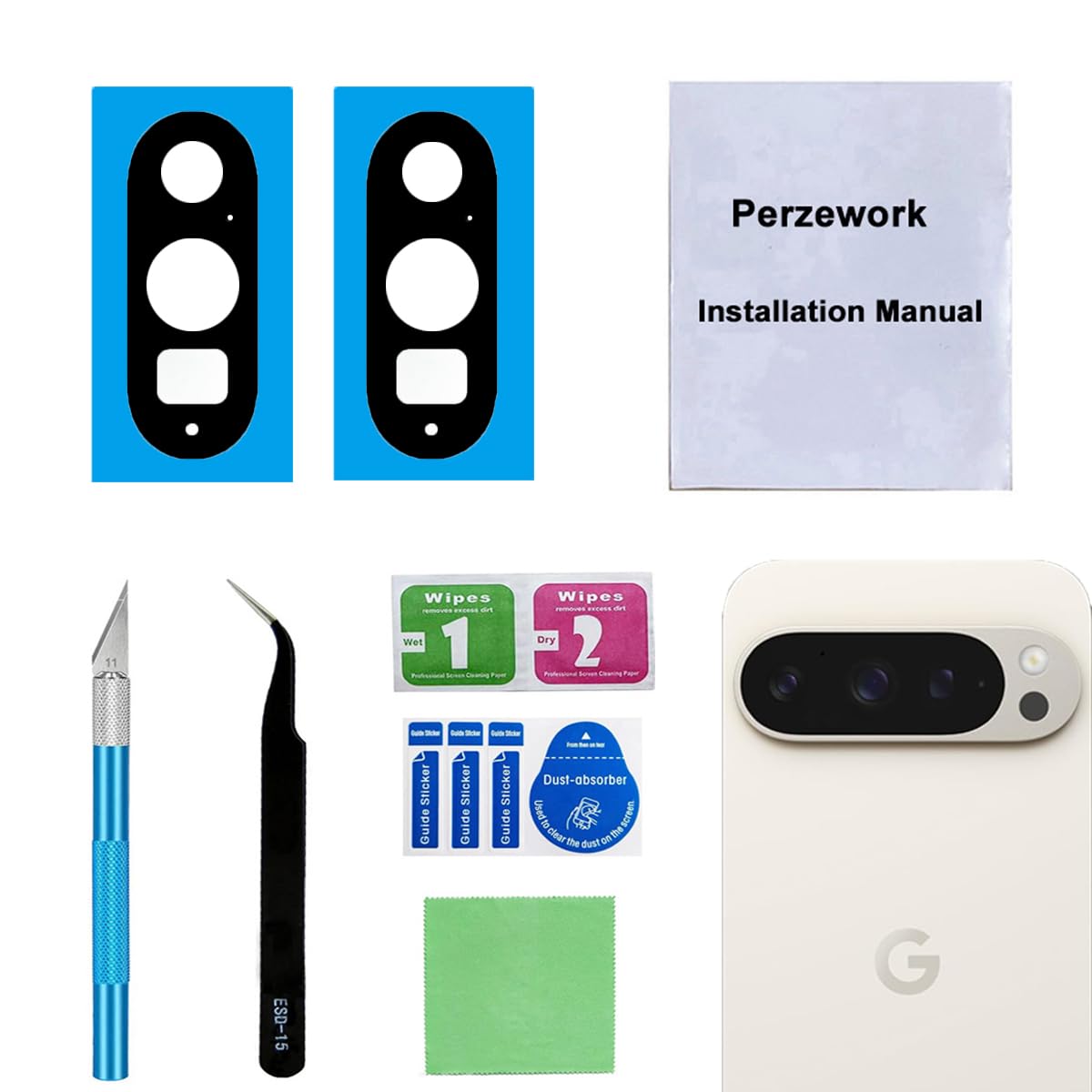 Photo 1 of Perzework 2 Set Back Rear Camera Lens Glass Replacement for Google Pixel 9 Pro with pre-Installed Adhesive and Reparing Toolkit