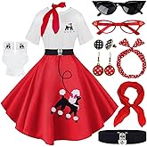 10Pcs Sock Hop Outfits Women, 1950s Poodle Skirts, T-Shirt with 50s Accessories Socks Scarf Headband Belt Earring