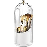 Makeup Brush Holder Organizer, 360 Rotating Makeup Brush Holder, Dustproof Waterproof Material & with 3 Compartments for Organized Storage, Dressing Tables Clear Storage Skincare Cosmetic (White)