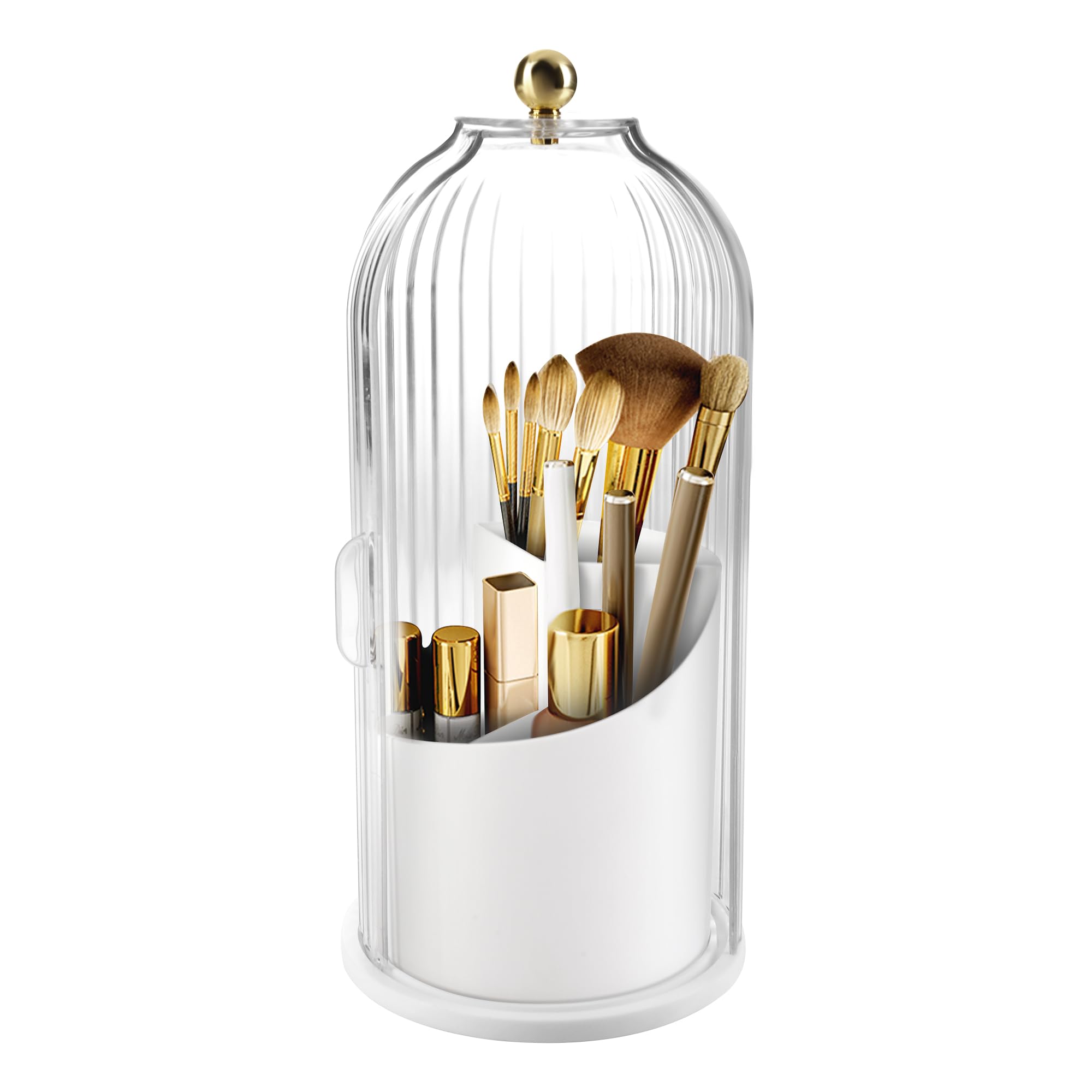 Photo 1 of Makeup Brush Holder Organizer, 360 Rotating Makeup Brush Holder, Dustproof Waterproof Material & with 3 Compartments for Organized Storage, Dressing Tables Clear Storage Skincare Cosmetic (White)
