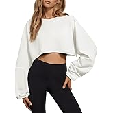 Tankaneo Womens Long Ballon Sleeve Sweatshirts Tops Cropped Crew Neck Loose Fit Casual Workout Shirts