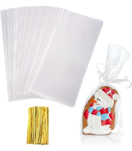 NPLUX 100 Pack Clear Cellophane Treat Bags – 5x10 Inch Cone Shaped Bags With Gold Ties For Candy, Cookies, Gifts - View #2
