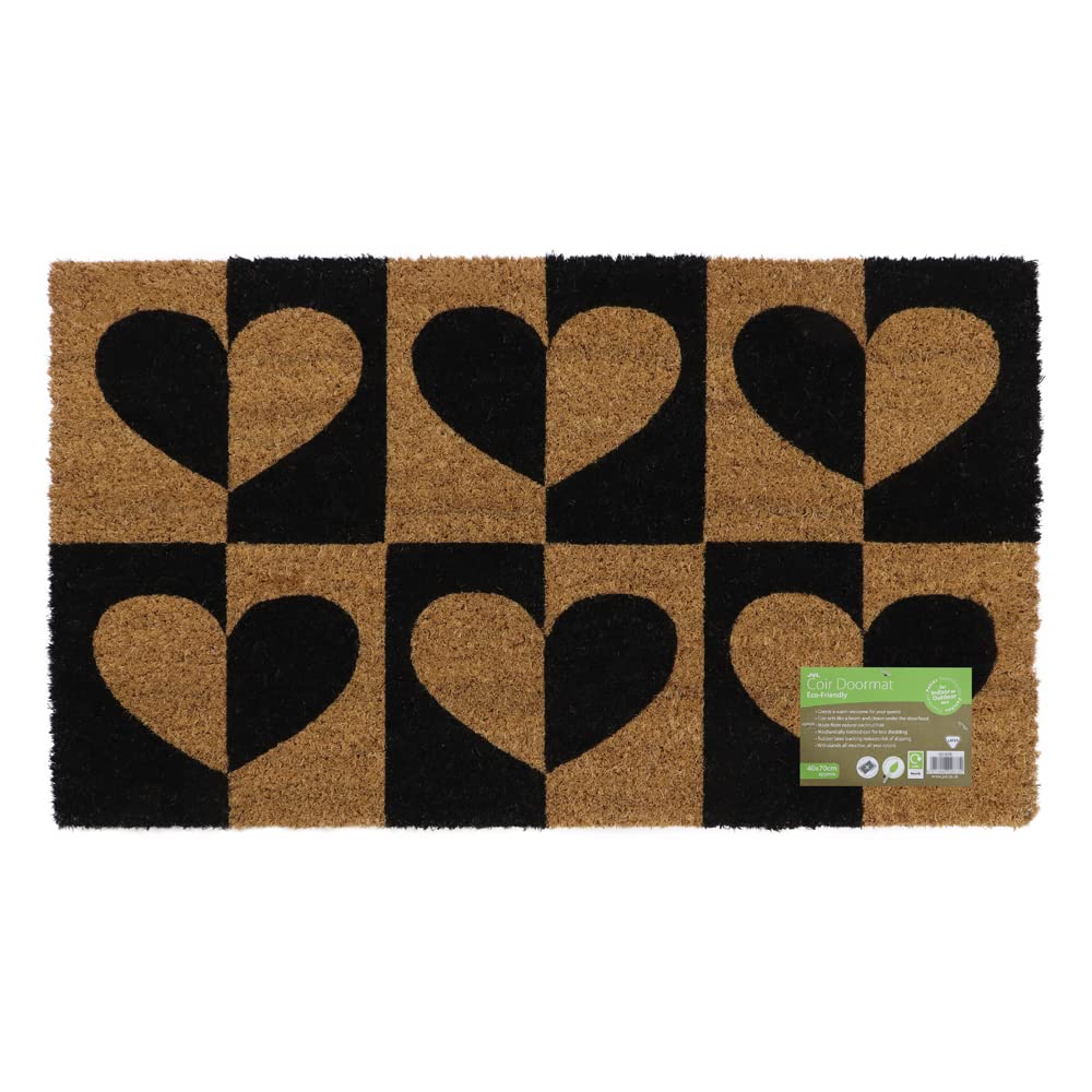 JVL Eco-Friendly Latex Backed Coir Door Mat, Heart to Heart, Natural