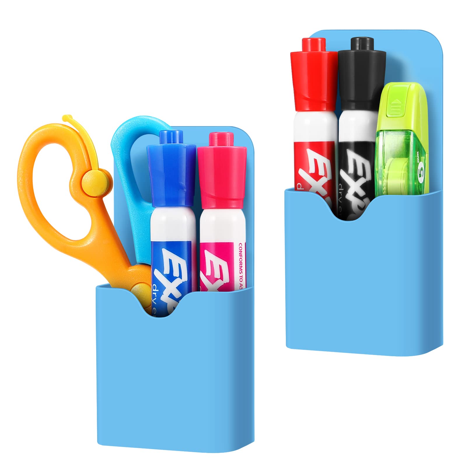 CASEBOT Magnetic Marker Holder for Whiteboard or Refrigerator, for School, Office, Home, Lockers and Metal Cabinets, 2 Pack (Blue)