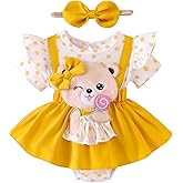 Kavousa Baby Girl Summer Outfits Bear Short Sleeve One-Piece Jumpsuit With Headband Set Newborn Infant Girl Clothes