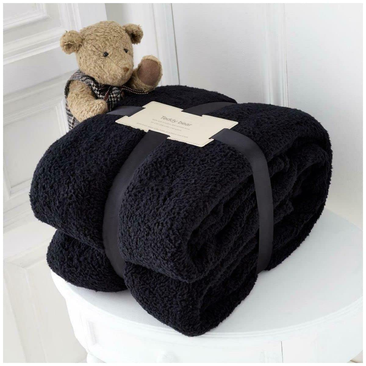 GC GAVENO CAVAILIA Teddy Fleece Blanket Throw, Warm & Cosy Snuggle Blankets For Bed, Super Soft Fluffy Throws, Black, 130X180 Cm