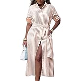 chouyatou Women's Long Sleeve Striped Shirt Dress Casual Button Down Midi Long Beach Dress with Belt