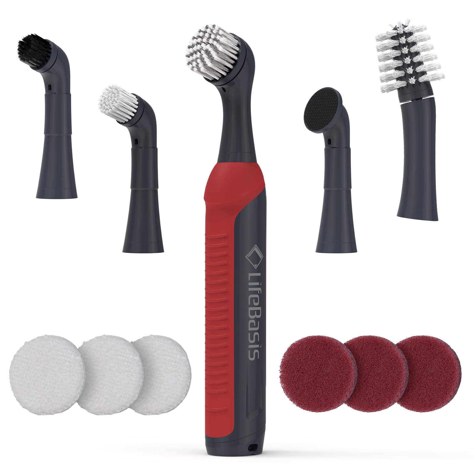 Photo 1 of LifeBasis Rechargeable Power Scrubber 11-Piece Kit, Cordless Electric Cleaning Brush, IPX7 Waterproof Electric Grout Brush for Home, Kitchen, Bathroom, Grout, Tile, Shower, Tub, Red